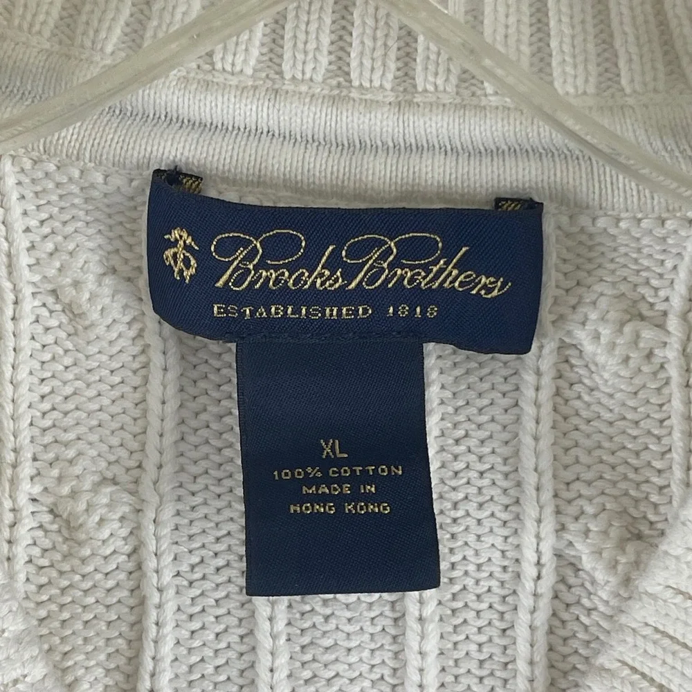 Brooks Brothers Cable Knit Tennis Sweater Youth XL White Green‎ V-Neck Short Slv
